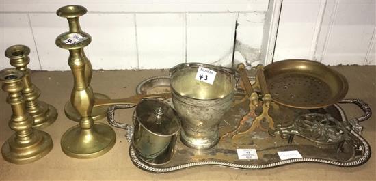 Pair of Georgian candlesticks, silver plated tray etc
